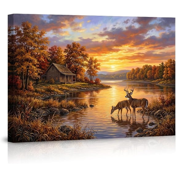 Deer Wildlife Canvas Wall Art Autumn Sunset Lake Cabin Landscape Painting Rustic Nature Scenery for Living Room Bedroom Home Office Decor Giclee Print