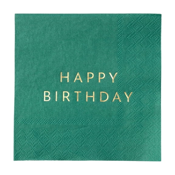 Bonjour Fête Green HBD Paper Napkins, Disposable Party Supplies, 20 Count, Small, Beverage Size, Happy Birthday