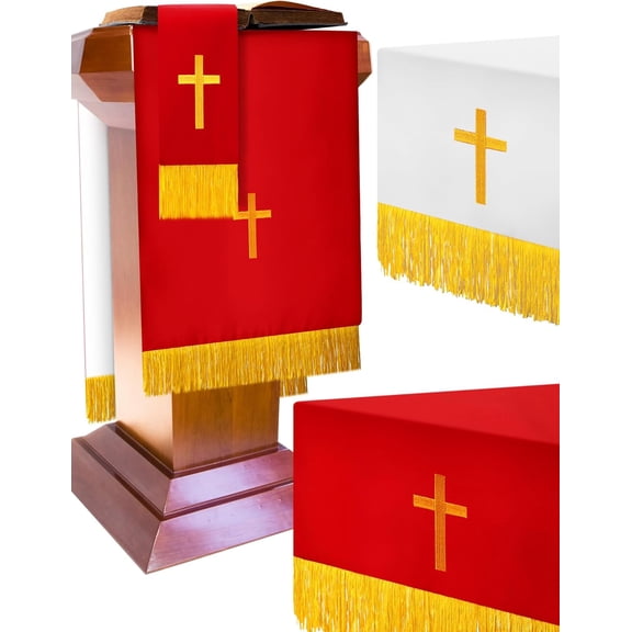 3 Set Parament Table Runner Altar Cloth Red and White | Reversible Clergy Bookmark Altar Cloth Pulpit Scarf with Gold Cross Church Pulpit Accessories for Christian Sanctuary Gift