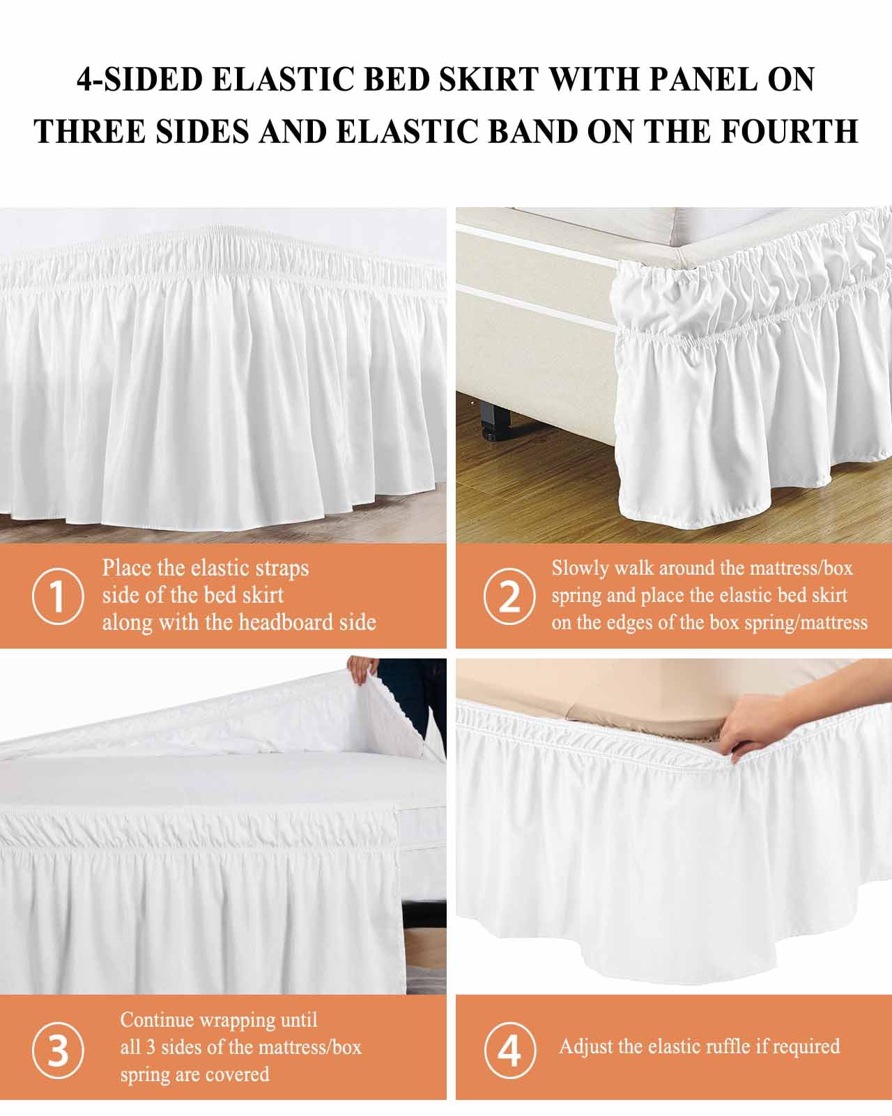 Solid Color Bed Skirt White Bed Skirts California King Size 18 Inch Drop, Wrap Around Dust Ruffle&nbsp;Bedskirt with Adjustable Elastic Belt for Queen Size Beds