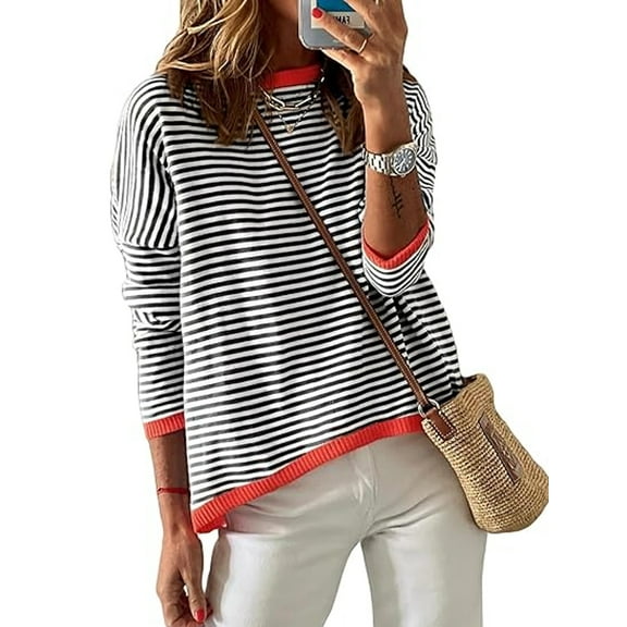 SHIBEVER Sweaters for Women Casual Long Sleeve Crewneck Striped Color Block Shirts Pullover Sweater Tops Lightweight Knitted Fall Winter Tops Sweatshirts Dressy Tunic Tops