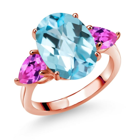 18K Rose Gold Plated Silver Sky Blue Topaz and Pink Created Sapphire Ring for Women (9.20 Cttw, 14X10MM Oval Checkerboard and 7X5MM Pear Shape, Gemstone November Birthstone, in Size 5, 6, 7, 8, 9)