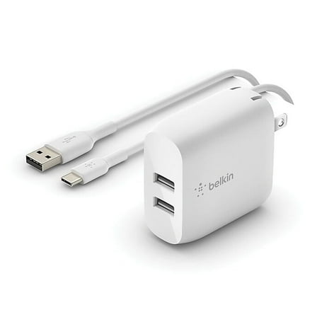 Open Box Belkin Dual USB-A Wall Charger (24W)   USB-A to USB-C Cable - White