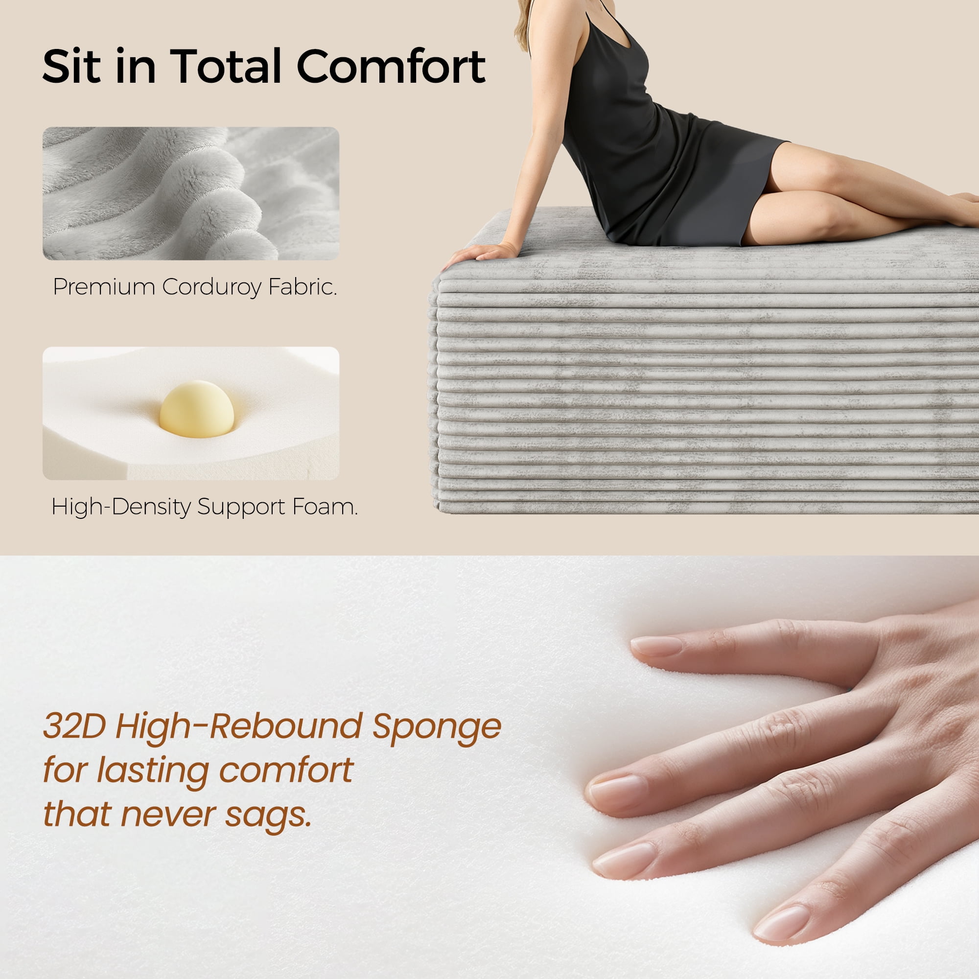 104" Modular L-Shaped Sectional Sofa, No Assembly Required Boneless Sofa with Chaise, High Resilience Foam & Corduroy Fabric, for Living Room Bedroom,(Oyster White)