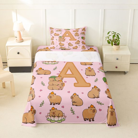 Manfei Cute Capybara Twin Sheets,Lovely Initial A Bedding,Pink Brown,3-Piece
