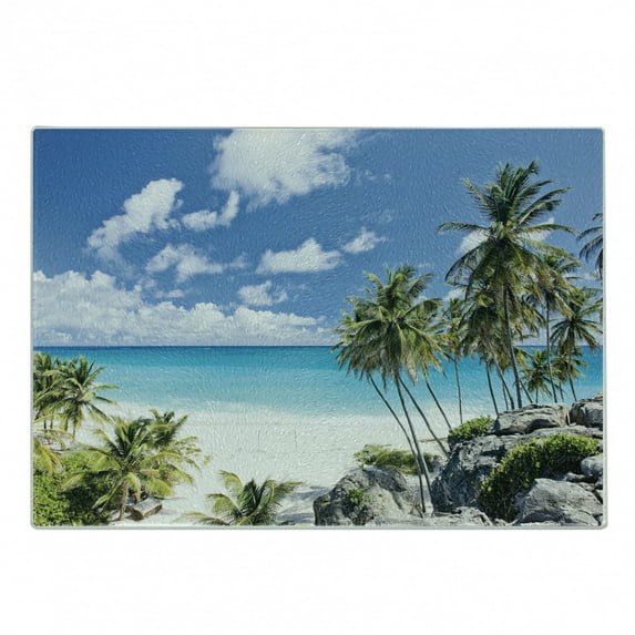 Summer Cutting Board, Bottom Bay Barbados Beach Tropical Palms Ocean Holiday Paradise Coast Charm Picture, Decorative Tempered Glass Cutting and Serving Board, Small Size, Multicolor, by Ambesonne