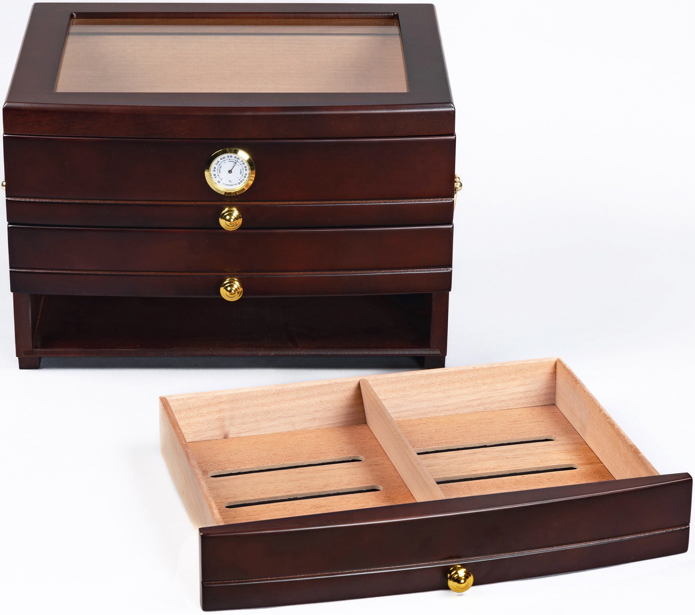 Regent Glass Top Cigar Humidor w/ 3 Drawers - Dark Mahogany Finish - Capacity: 75