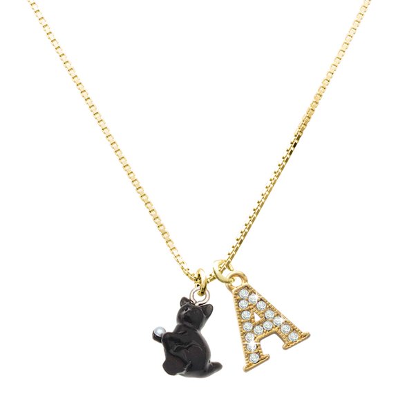 Delight Jewelry Resin Black Playing Cat - Large Goldtone Crystal Initial - A - Charm Necklace, 17.5" 2"