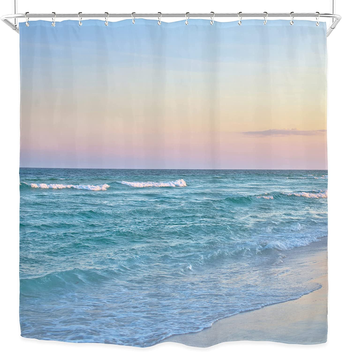Beach Sea Shower Curtain for Bathroom Decor 72Wx72H Ocean Waves Blue Pink Tropical Coastal Seaside Scene Island Hawaiian Art Printed Fabric Polyester Waterproof 12 Pack Plastic Hooks