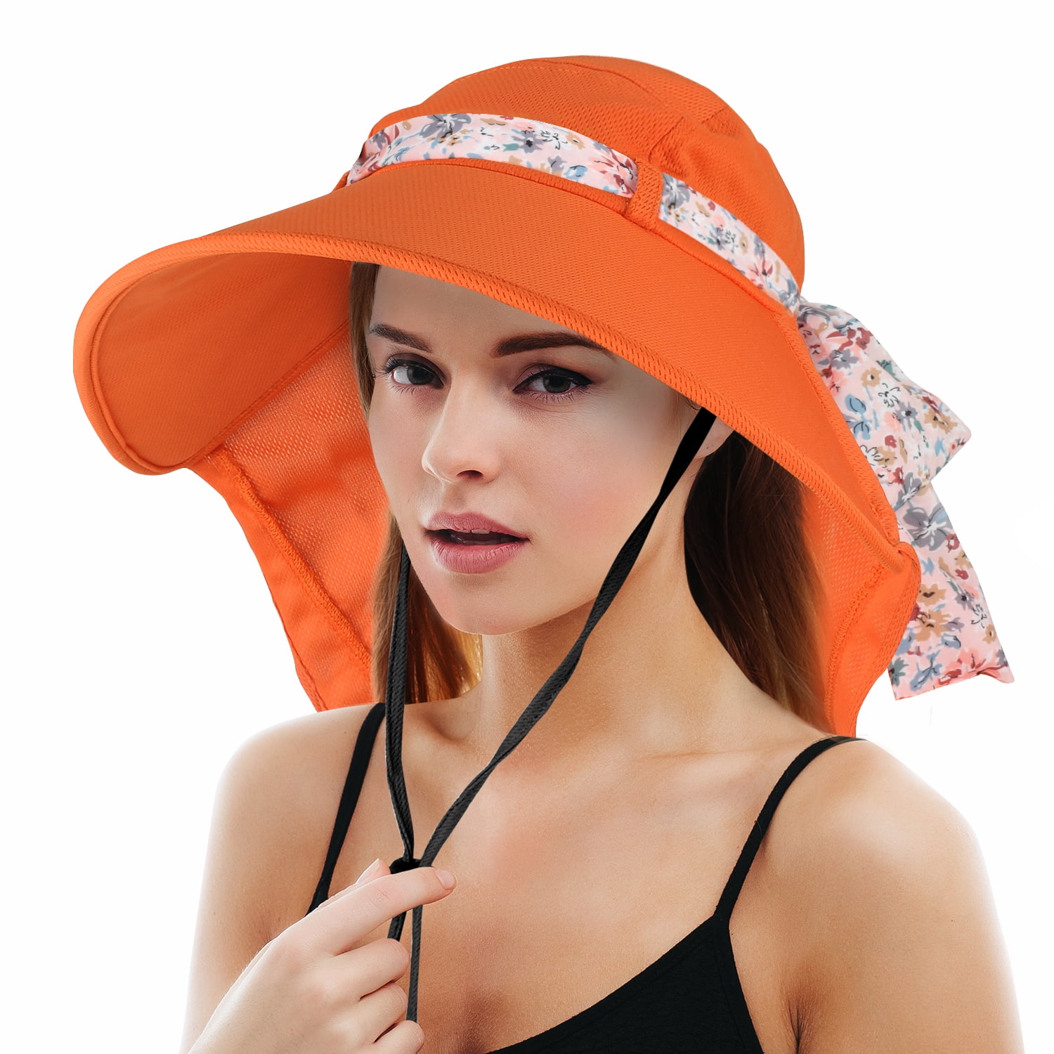 Sun Blocker Women's Sun Hat Wide Brim Flap Cap with Floral Ribbon for