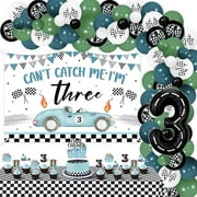 Vintage Race Car 3rd Birthday Party Decoration Blue Can't Catch Me I'm Three Backdrop Banner Race Car 3rd Birthday Cake Topper Checkered Tablecloth Balloon Garland for Racing Cars 3 Year Bday