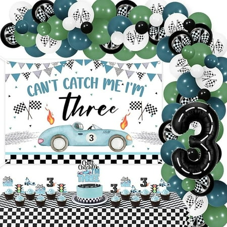 Vintage Race Car 3rd Birthday Party Decoration Blue Can't Catch Me I'm Three Backdrop Banner Race Car 3rd Birthday Cake Topper Checkered Tablecloth Balloon Garland for Racing Cars 3 Year Bday