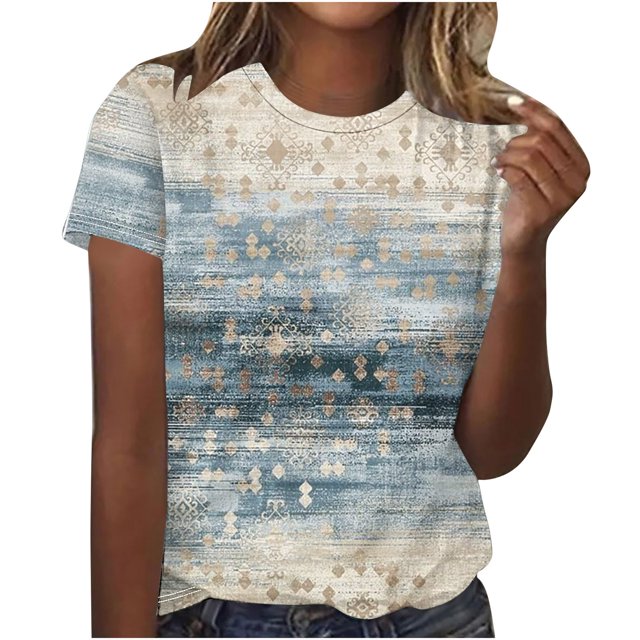 Womens Retro Printed T-Shirt Round Neck Short Sleeved Top