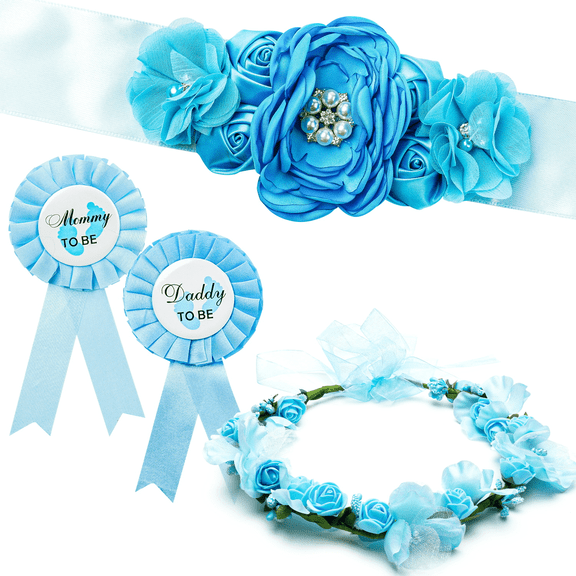 2ooya Maternity Sash Kit with Corsage Flower Belt and Wreath Headdress Set, Blue, for Baby Shower, 4-Piece