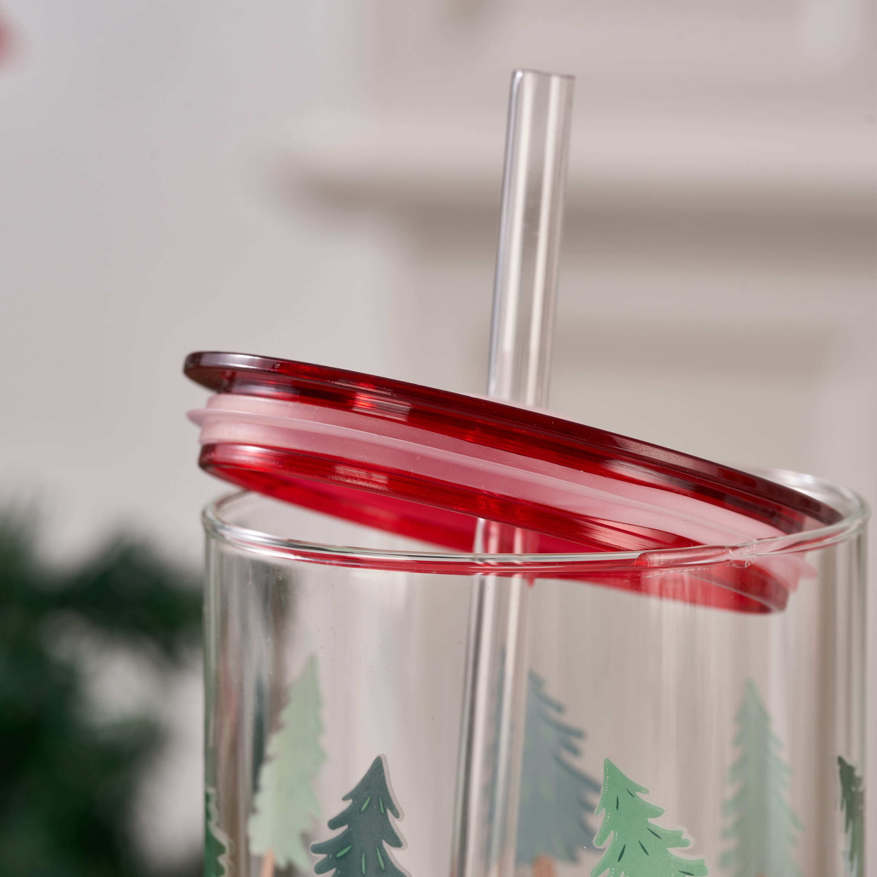 Christmas Trees Can Sipper Glass with Lid 20 OZ Holiday Time