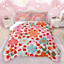 Manfei Colorful Flowers Bedding Comforter Set 2pcs for Teens Adults,Red Polka Dots Twin Comforter Sets Microfiber,Chic Floral Blossoms Breathable Bedding Set,Lightweight Room Decor,Reversible