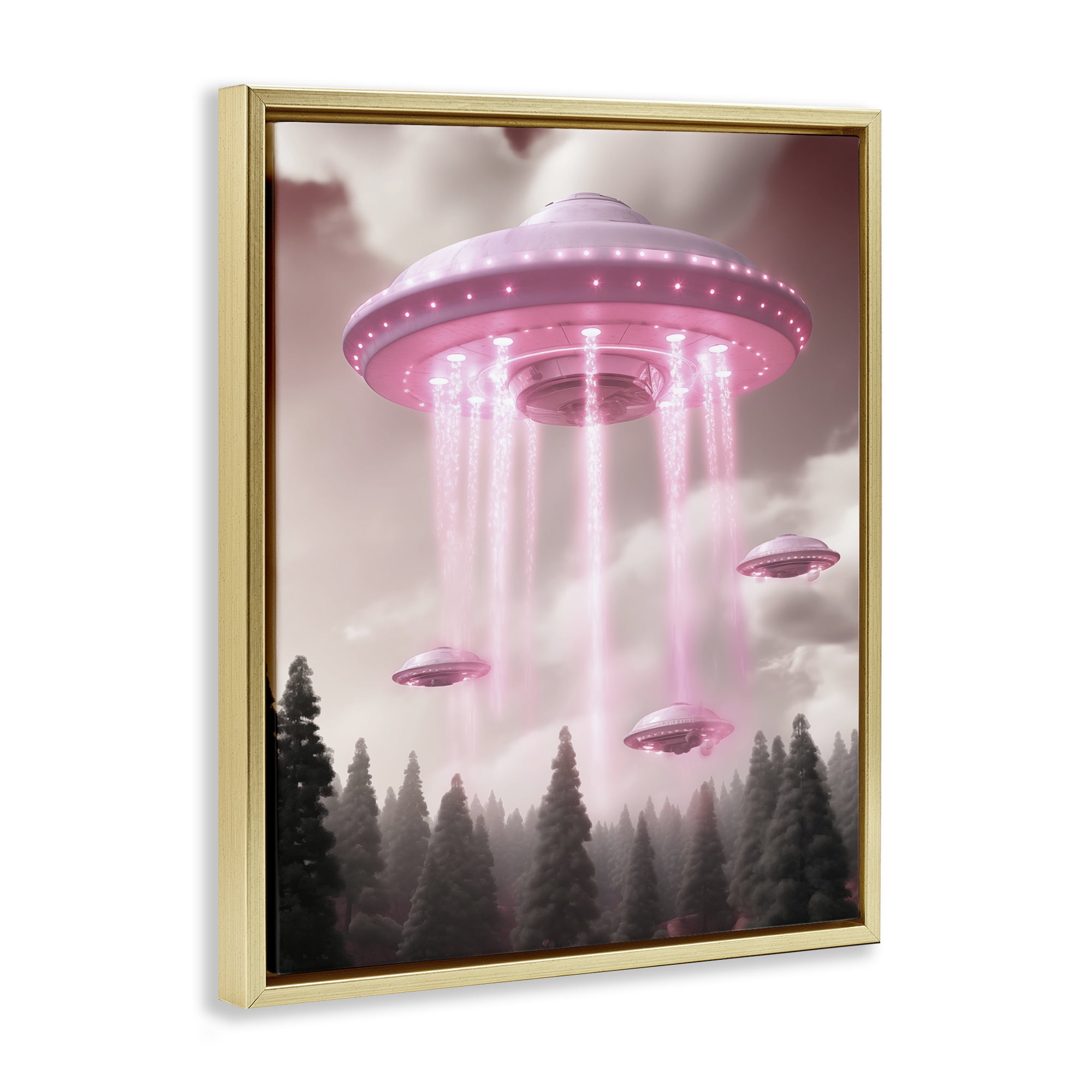Glam UFO with Pink Beams Gold Framed Floater Canvas Wall Art, design by Sasha