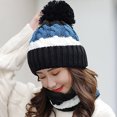 thumbnail image 3 of Naierhg Beanie 2Pcs/Set Autumn Winter Women Beanies Hat Scarf Contrast Color Stripe Plush Lining Fluffy Ball Knitting Cap for OutdoorPink, 3 of 8