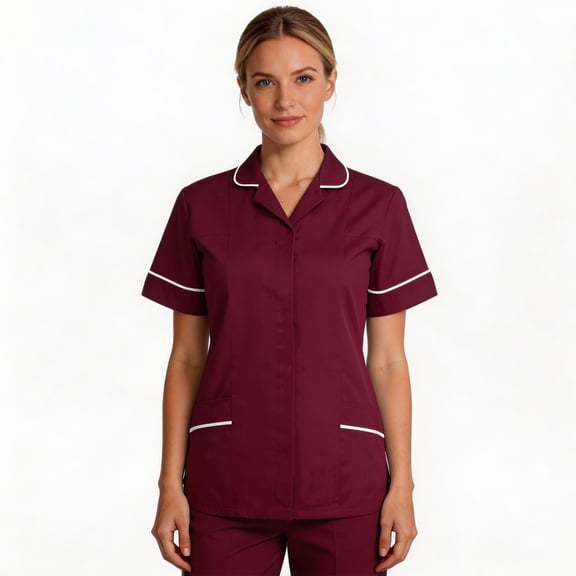 CareWardrobe Womens Scrub Tops Comfort Fit Short Sleeve V-Neck Scrub Top with Pockets Easy Care Uniforms Red Scrub Top