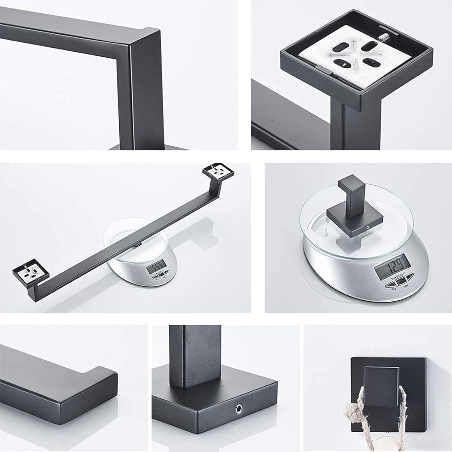 stusgo Matte Black 5-Piece Square Bathroom Hardware Set with Towel Bar, Hook, Toilet Paper Holder and Ring（Black）