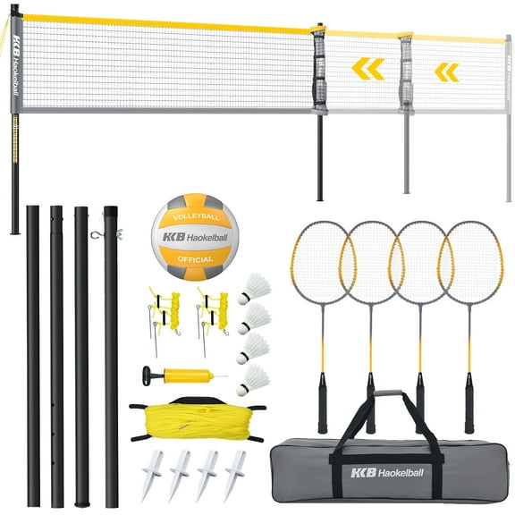 Haokelball Outdoor Volleyball and Badminton Combo Set with Net Width and Height Adjustable Volleyball Badminton Net for Backyard, 4 Rackets, 4 Shuttlecocks, Boundary, Volleyball, Pump and Carry Bag