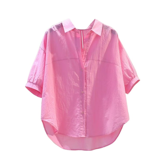 Timegard Summer Tops for Women Lapel Neck Button up Shirts Loose Solid Color Casual Lightweight Blouse