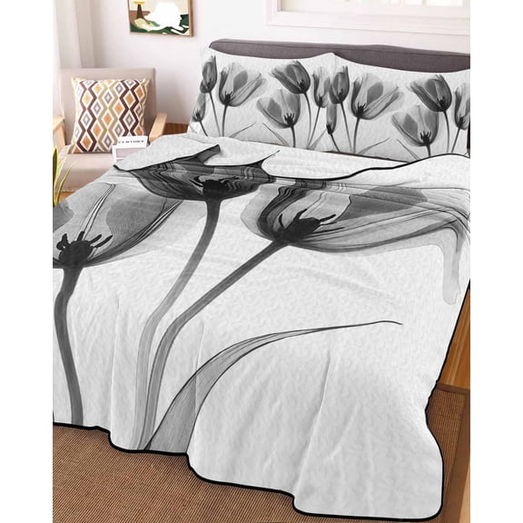 Tulip Black White Full Size Down Alternative Comforter, Lightweight Comforter Quilt Bedding Set with Pillow Shams Spring Floral Botanical Bloom All Seasons Bed Comforter Duvet Insert 78"x90"