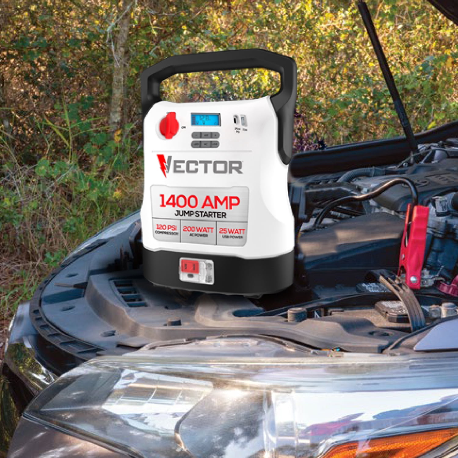 Vector Portable Car Jump Starter, 120-PSI Air Compressor, and USB Power Bank with 1,400-Amp Peak for V8 Cars/Trucks, AC Outlet, Clamps, LED