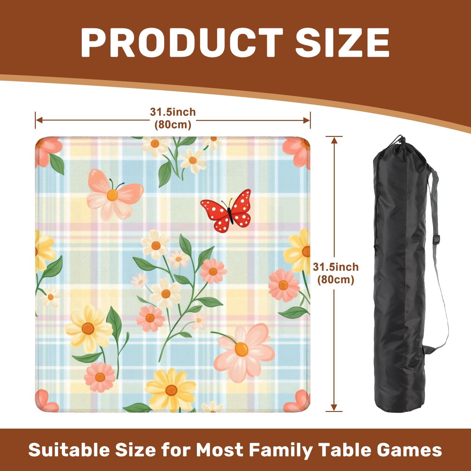 Mahjong Mat 31.5" x 31.5" Floral Butterfly Pastel Plaid Non-Slip Noise Reduction American Mahjong Tiles Table Cover for Dominoes Poker Card Board Games Gift