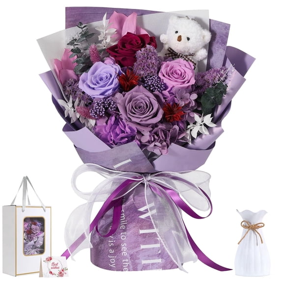 Emibele Preserved Flower Bouquet Gifts for Mom,Purple Eteranl Roses Bouquets with Bear, Gifts for Her Women Wife Grandma on Valentines Mother's Day Birthday Anniversary