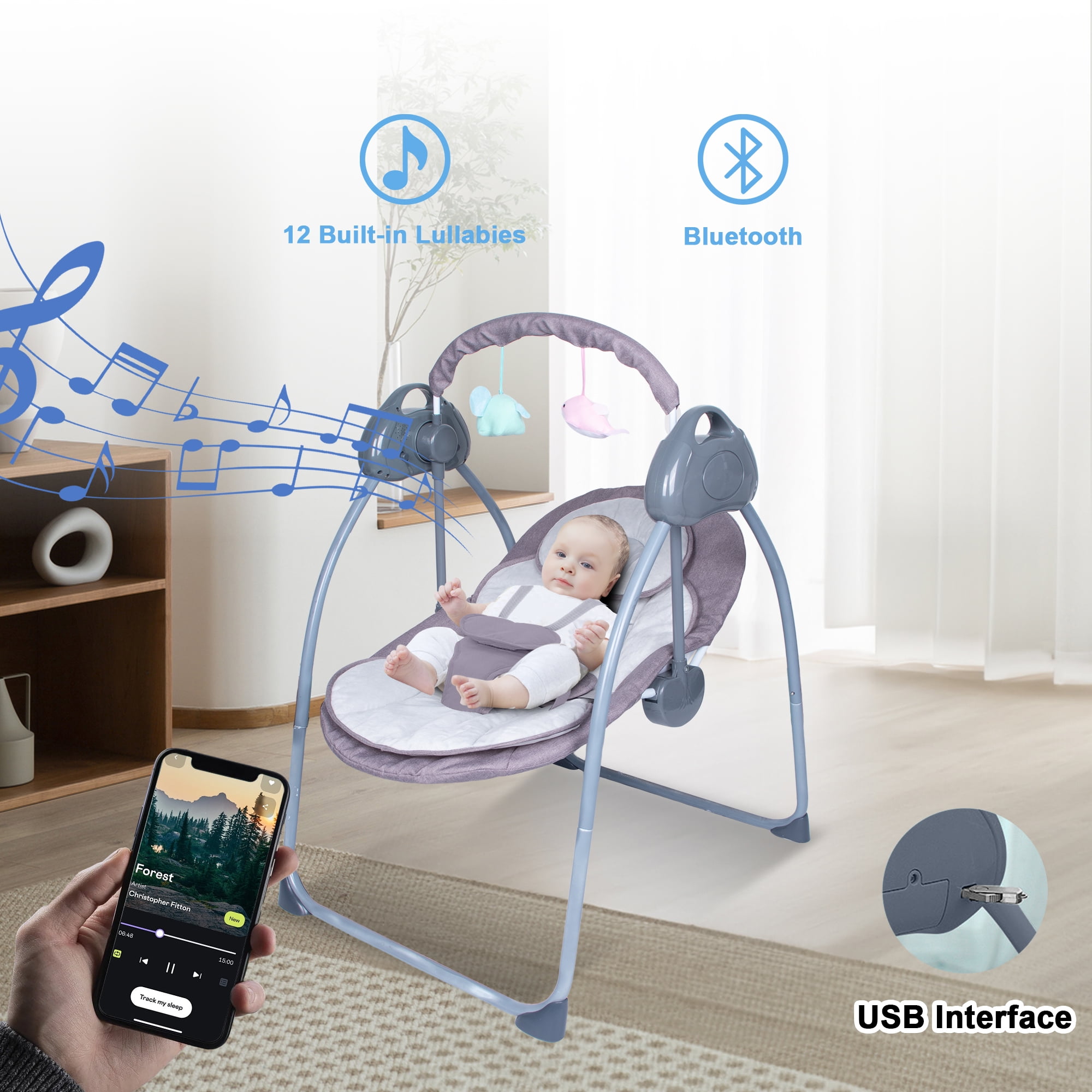 Yabanana Baby Swing with 5-Point Safety Harness, Bluetooth Control,5-Swing Speeds Settings & 3 Timing, Remote Control,(Gray)