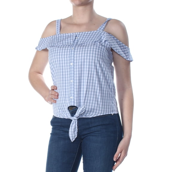 ULTRA FLIRT Womens Blue Cold Shoulder Tie Check Cap Sleeve Square Neck Party Top Juniors  Size: M