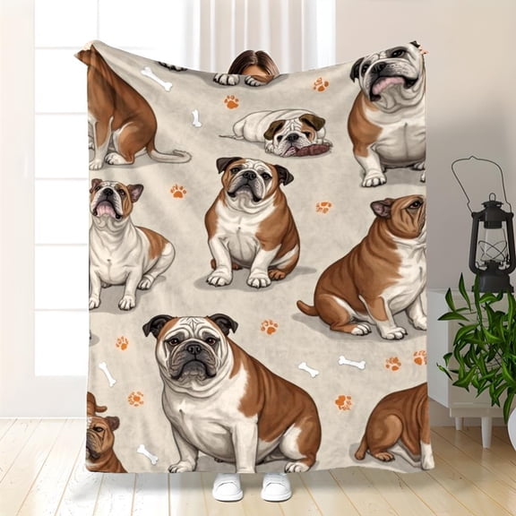 Cozy English Bulldog Pattern Flannel Blanket | Soft Beige & Brown Bedspread with Playful Puppies, Bones, and Paw Prints for Dog Lovers, 280gsm, All Seasons Use, Polyester