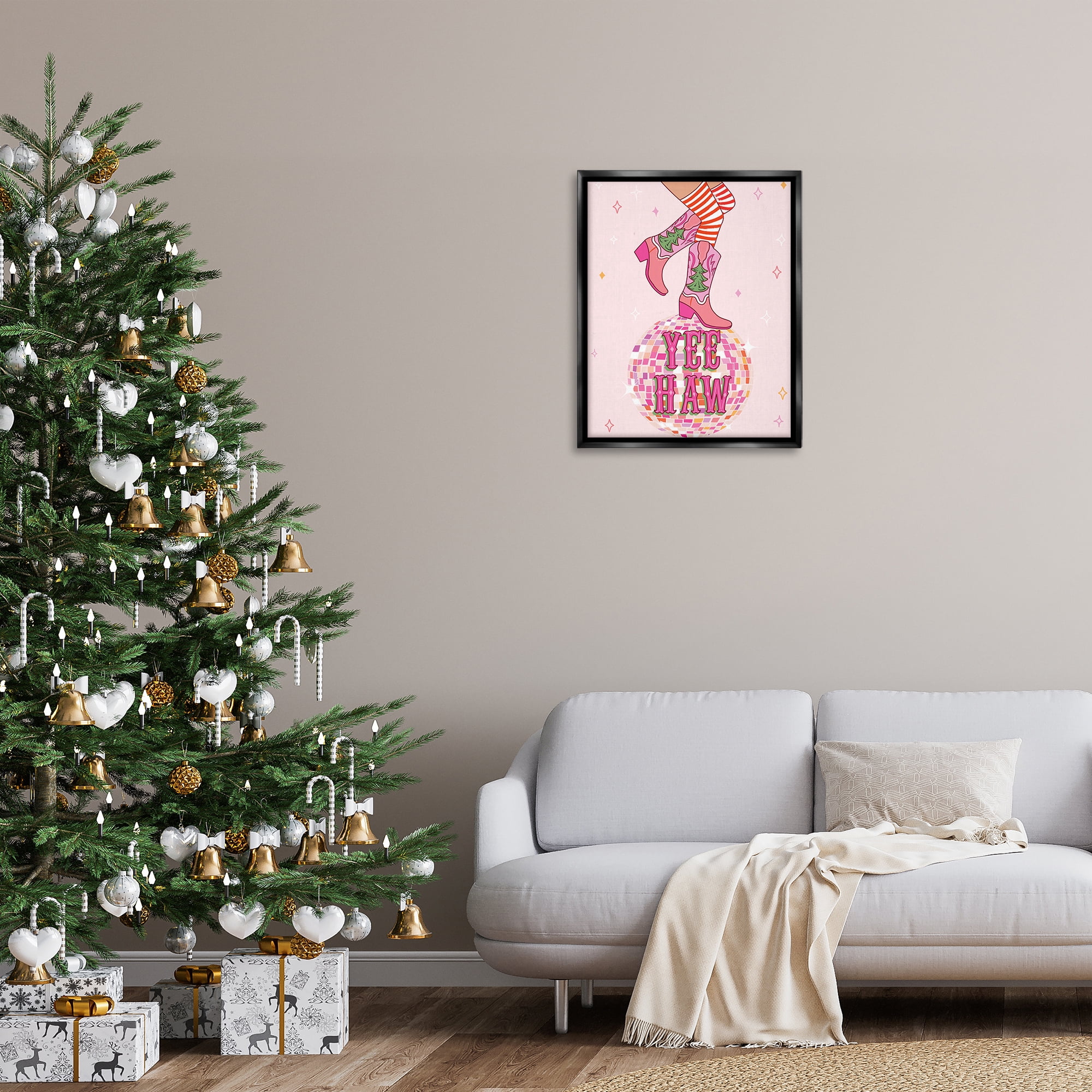 Stupell Industries Yeehaw Christmas Cowboy Holiday Painting Black Floater Framed Canvas Art Prints Wall Art, 25 x 31