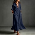 thumbnail image 5 of NTACZA Summer Dresses Cotton Lien Casual Shirt Dress Slit Maxi Collared with Pockets Vacation Beach Blue XXL, 5 of 8