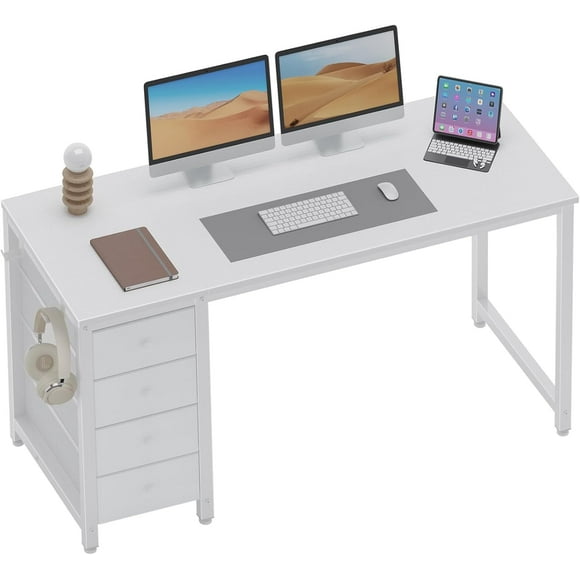 White Computer Desk with Drawers - 55 Inch Long Study Work Writing Desk for Home Office Bedroom, Simple Modern Cute PC Desks with Fabric Drawer, White