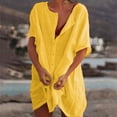 thumbnail image 2 of Women Cotton Linen Shirt Dress Solid Color Short Sleeve Button Down Shirts Dresses Swimsuit Beach Cover up Sundress, 2 of 5