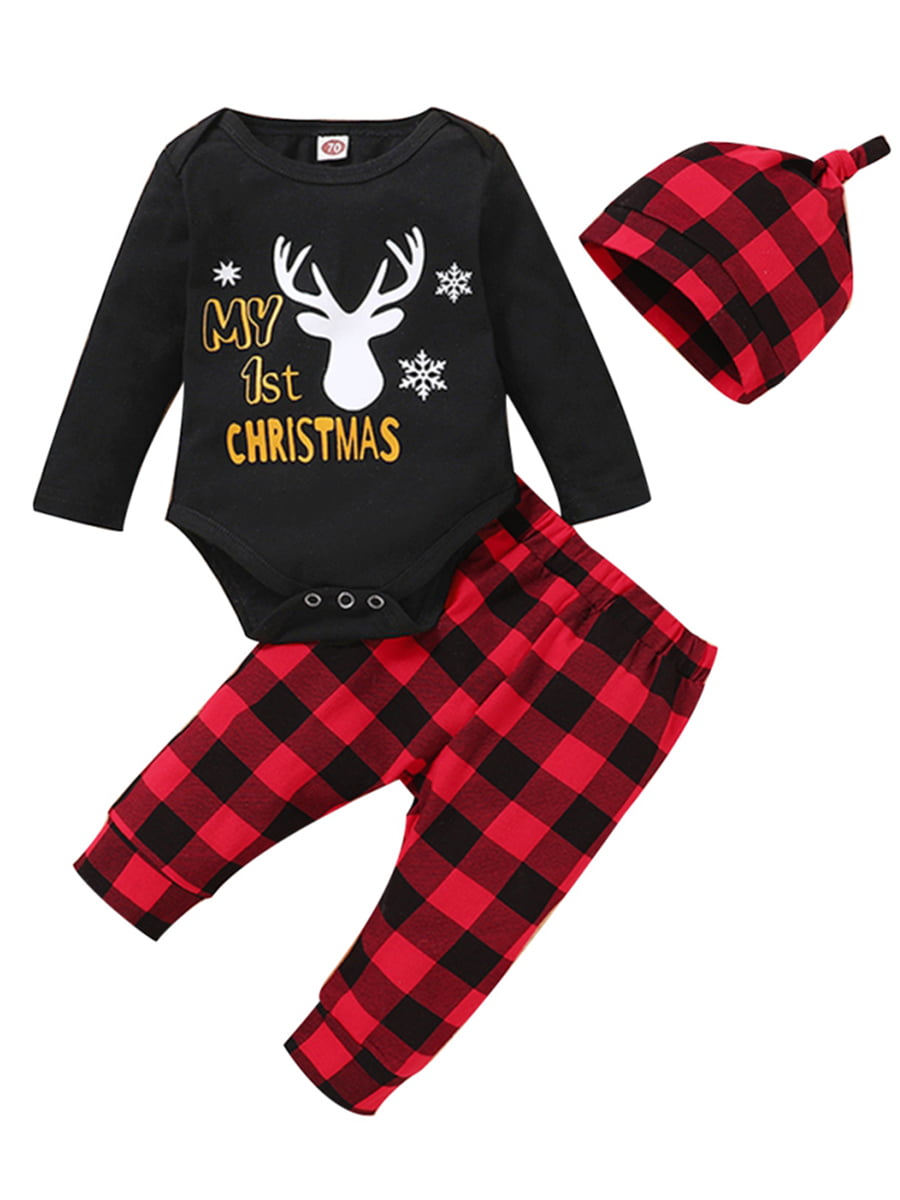 Baby Boys My 1st Christmas Outfits Baby Kids Gentleman Christmas Romper Bodysuit Pants 3Pcs Clothes Sets