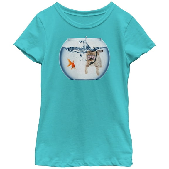 Girl's Lost Gods Snorkel Cat andfish Bowl Adventure  Graphic Tee Tahiti Blue X Large