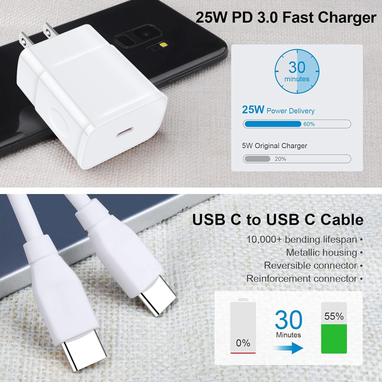 WEIFEI-25W Super Fast Charger, 10FT Long Android Phone C Charger USB Type C Cable Fast Charging for Samsung Galaxy A17 A16 5G A15 A14 5G A56 A55 A54 A53 A35 A13 S25 Ultra S24 FE S23 S22 S21 S20 A