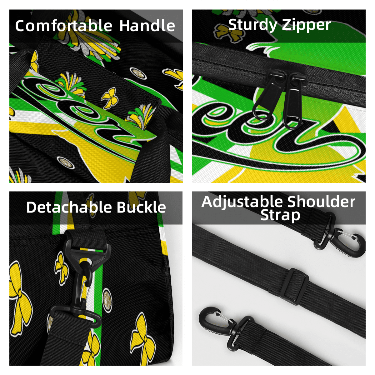 Herdesigns Cheerleader Bags Overnight Duffel Bags Cheer Green Yellow Sport Gym Bag Travel Bag Travel Waterproof Weekender Bag Carry On Travel Tote Bag Dance Bags