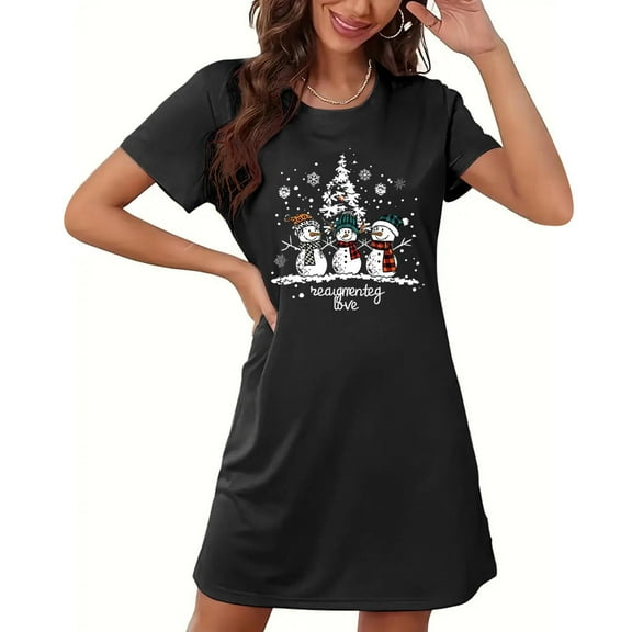 Sakmal Ultra-Soft Nightgowns for Women Christmas Stretchy Black Loose Sleepshirt Snowmen Print Short Short Sleeve Crew Neck Nightgowns S-2XL
