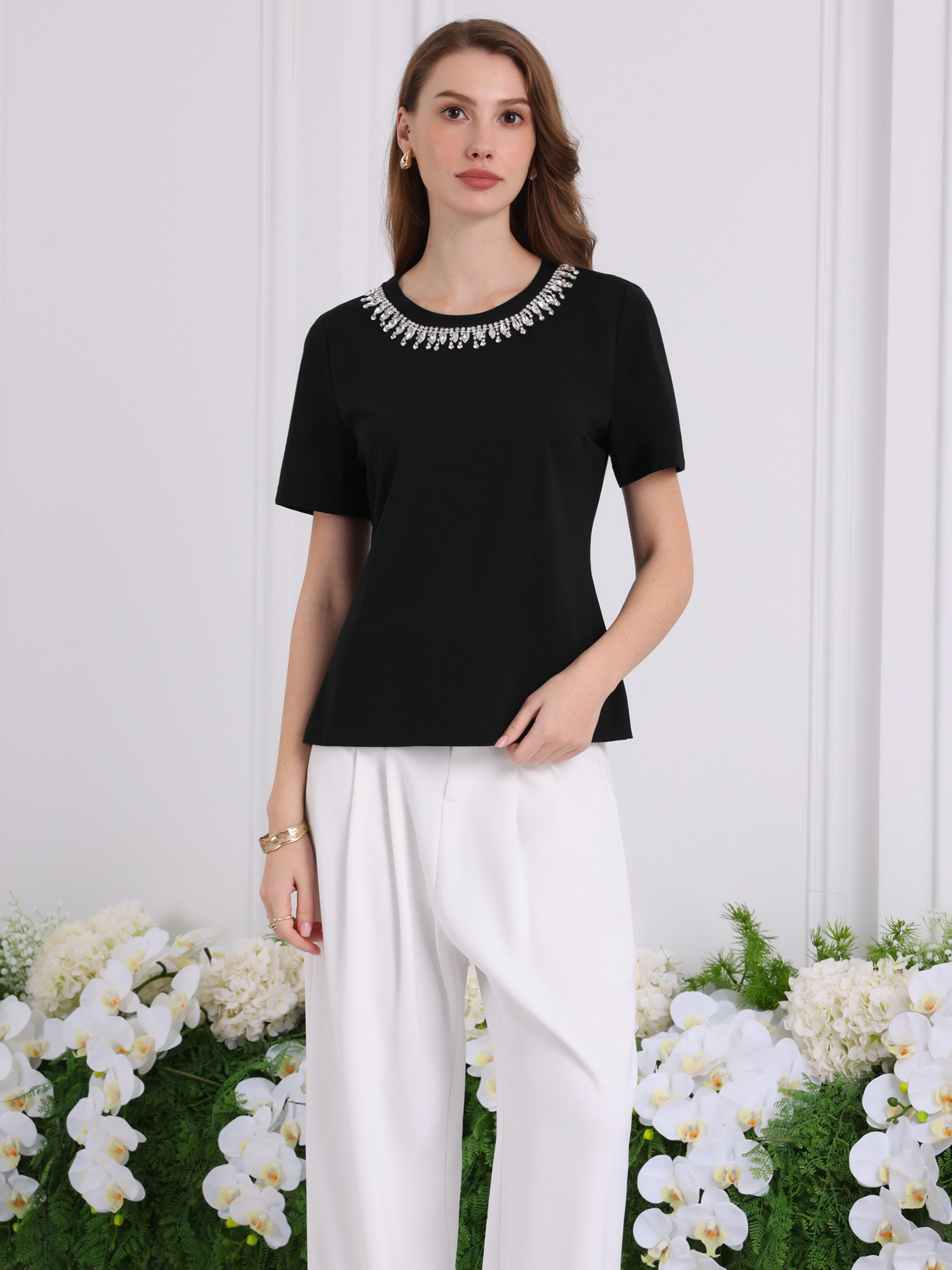 DARING DIVA Women's Elegant Women's Sparkly Blouse with Rhinestones S Black