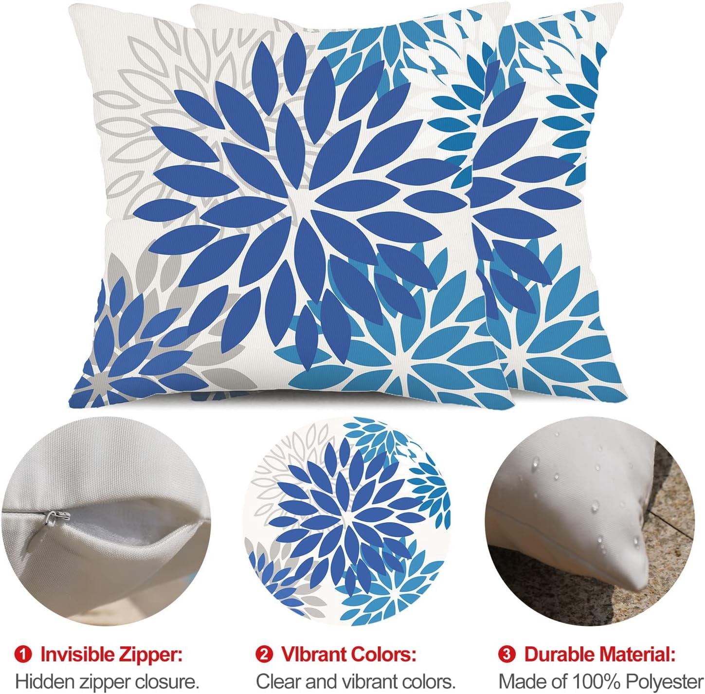 Blue Flower Pillow Covers 20x20 Inch Set of 2 Dark and Light Blue Colored Pillow Farmhouse Outdoor Waterproof Decor for Patio Funiture Garden Summer Floral Square Polyester Pillow Covers 002E20