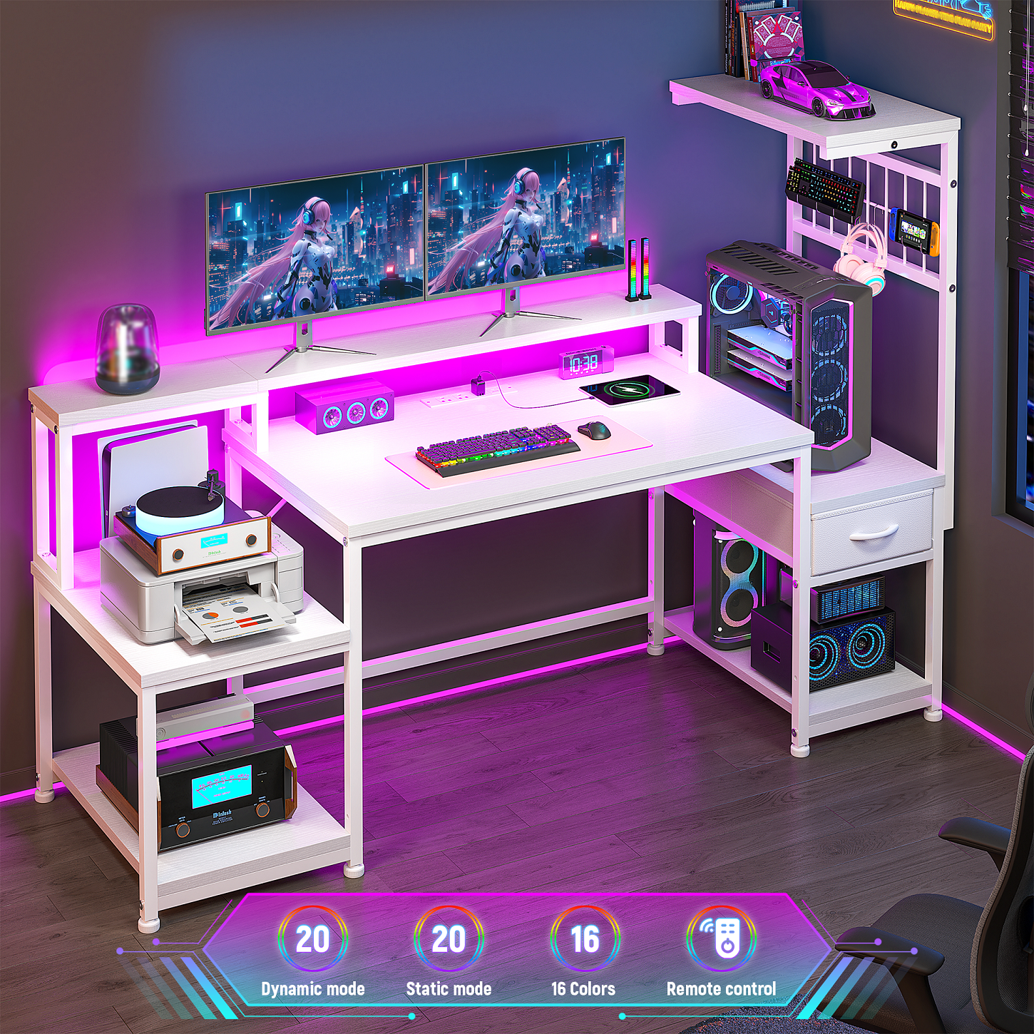 Romorgniz 55"W Gaming Desk Computer Desk with Hutch & Monitor Stand Corner Desk with LED Lights & Outlets for Gaming,Studying,Home Office Desks,White