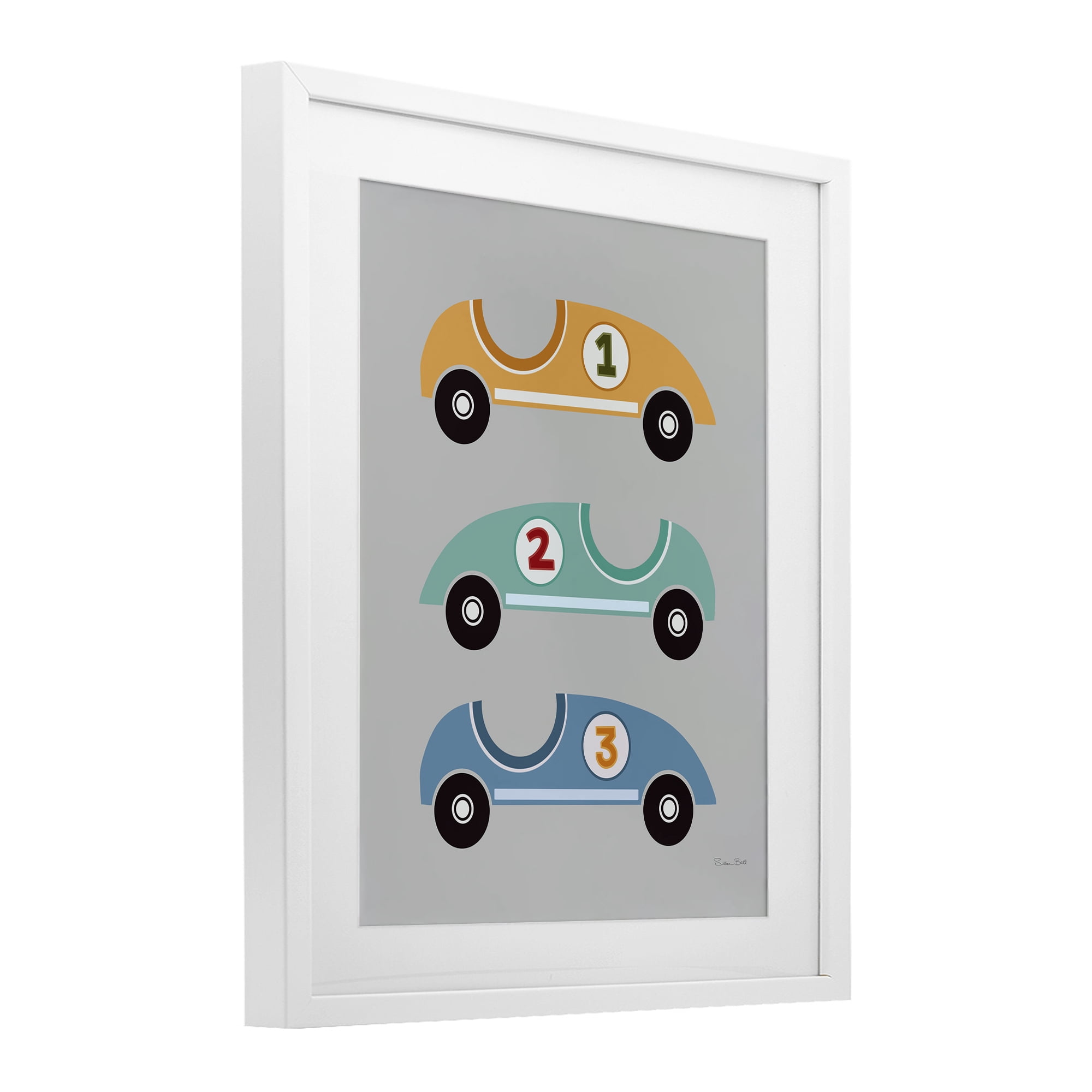 Stupell Industries Vroom Race Cars White Framed Print Under Glass, design by Susan Ball