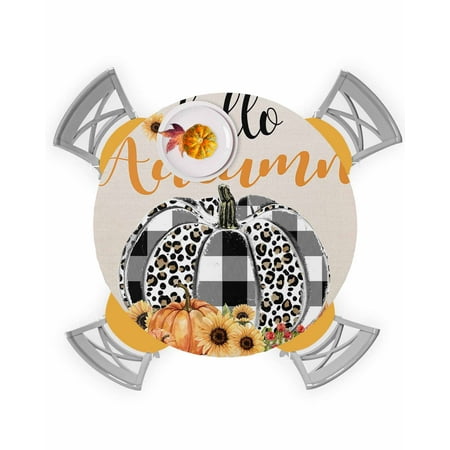 

Round Tablecloth with Elastic Leopard Plaid Pumpkin Watercolor Retro Linen Waterproof Stain-proof Table Cover Wipeable Fitted Table Cloths for 55 -60 Round Tables Dining Kitchen