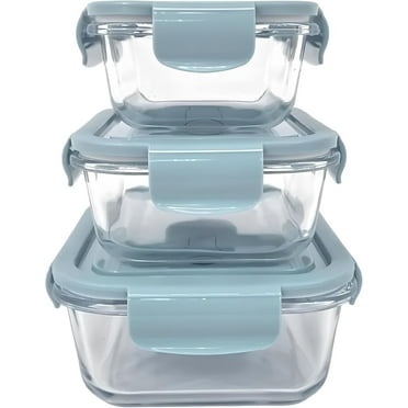 PARACASA Glass Food Container Sealed Lunch Box with Leftovers Food Storage Containers with Airtight Lids set of 3 pcs (Blue)