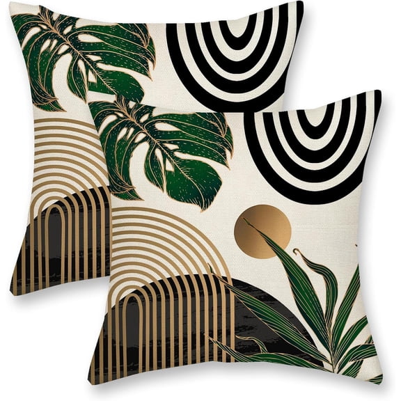 Black Boho Pillow Covers 16x16 Inch 2 Pcs Green Gold Tropical Leaf Mid Century Summer Outdoor Decor Throw Pillows Modern Geometry Farmhouse Decoration Pillowcase Linen Cushion Cover for Couch