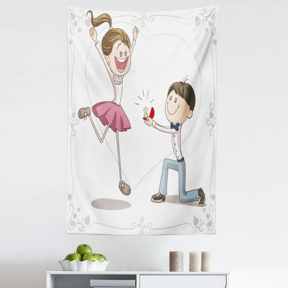Cartoon Tapestry, Celebration Cartoon of Romantic Couple with Wedding Ring, Fabric Wall Hanging Decor for Bedroom Living Room Dorm, 5 Sizes, Pink Blue and White, by Ambesonne